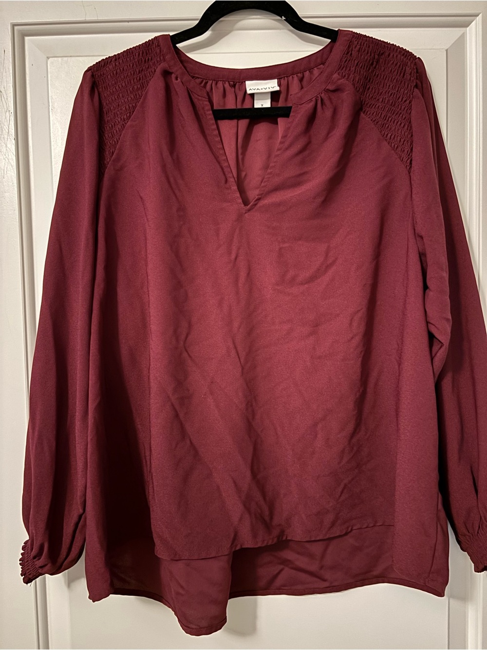 Ava & Viv Maroon Long-Sleeve Split-Neck Blouse